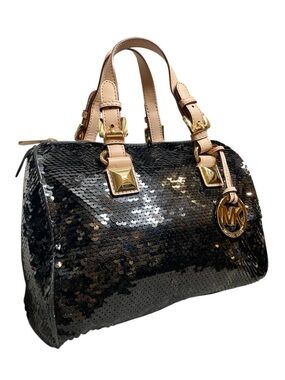 Michael Kors Black Sequin Grayson Satchel Leather Handles & Base Gold Hangtag